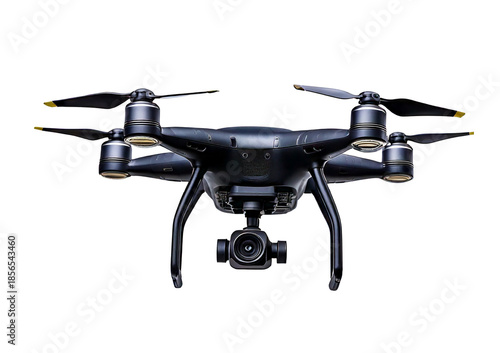 A black flying drone isolated on transparent or white background