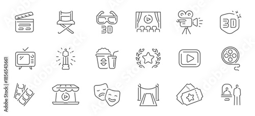 Cinema set of icons in line style. Movie and film linear symbols collection. Movie theater concept