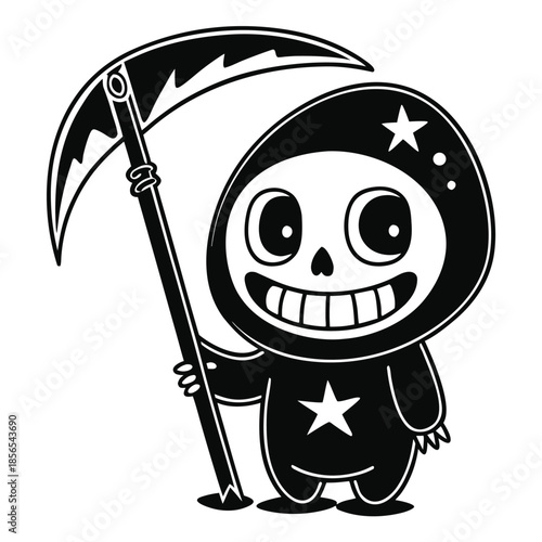 Adorable Cartoon Grim Reaper with Scythe and Star black and white