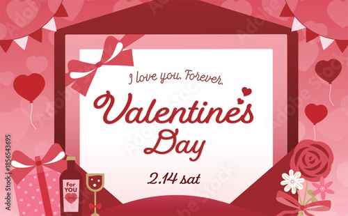 バレンタインデーギフトの広告に最適なメッセージカードと封筒と手紙を飾るフレームデザインの背景フレーム（バレンタイン素材）