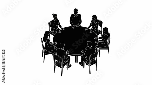 Group of people sitting around a round table in silhouette.