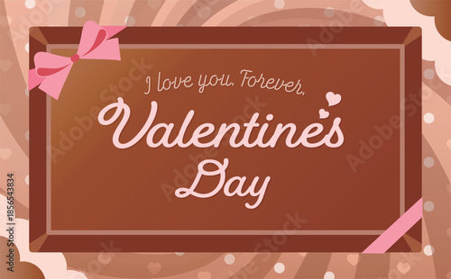バレンタインデー用チョコレートと板チョコ、リボン装飾のフレーム背景、バレンタイン広告素材と背景素材、広告デザイン