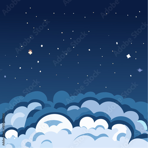 Whimsical night sky with clouds and stars shining brightly