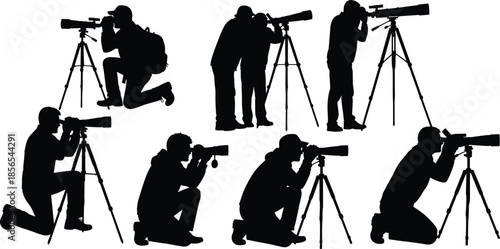 Camera operator silhouette set with seven tripod poses and telephoto lenses for photography, wildlife, and media themes.
