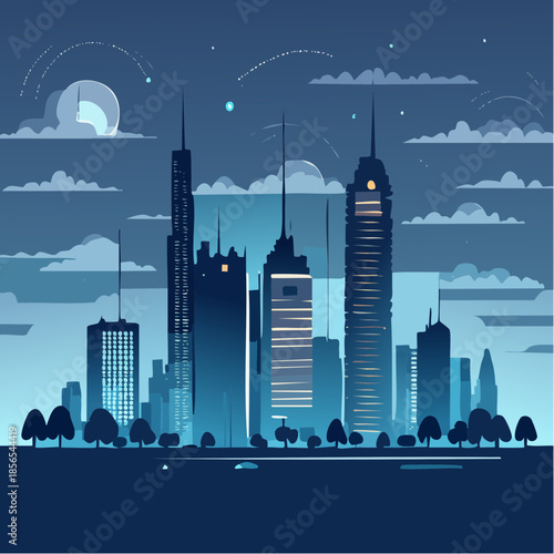 Modern cityscape at night with sleek skyscrapers and vibrant lights