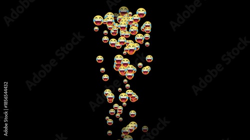 Dense vertical stream of 3D laughing emojis rising on a black background for social media apps