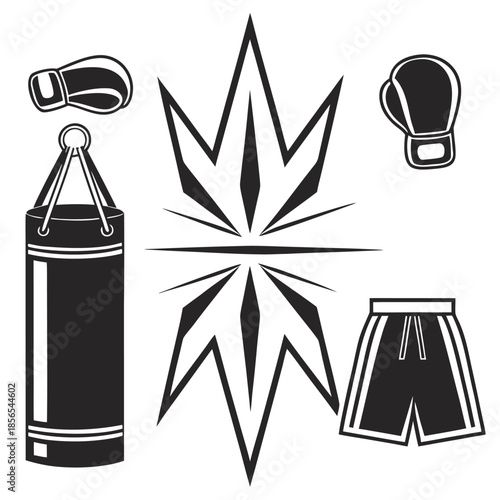 Boxing Equipment With Punching Bag Gloves Shorts and Starburst 