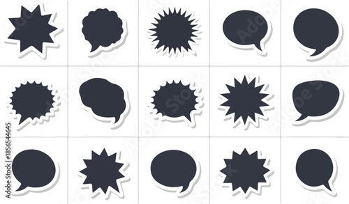 Collection of Various Speech Bubbles and Starburst Shapes in Black and White Design Elements