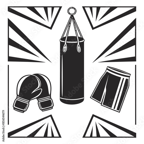 Boxing Equipment Within Decorative Border And Rays