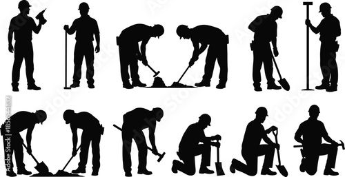 Construction worker silhouette set with ten diverse poses and tools for labor, industrial, and safety design themes.