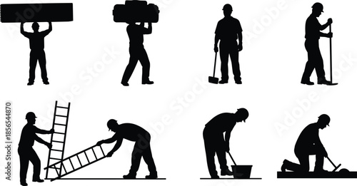 Construction worker silhouette set with eight diverse poses and tools for labor, industrial, and safety design themes.