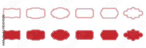 Vintage label and badges shape collections red colour. Vintage label collection with ornate frames red line and silhouettes. Decorative badge shapes for product packaging, branding and logo design. 