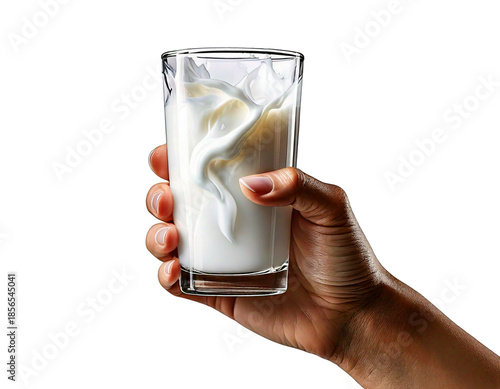 Hand with glass of milk isolated on transparent or white background