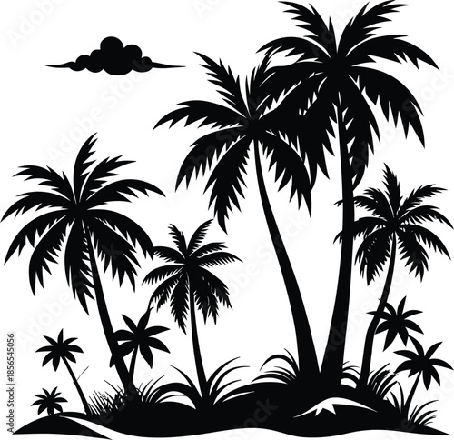 Tropical island paradise silhouette featuring lush palm trees and a lone floating cloud