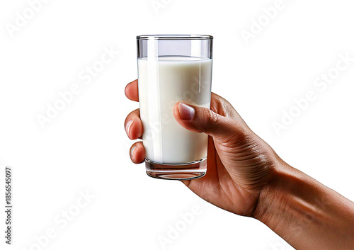 Hand with glass of milk isolated on transparent or white background