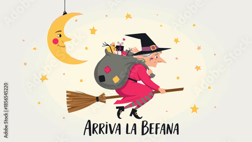 Witch riding broomstick under moon with magical stars and text background