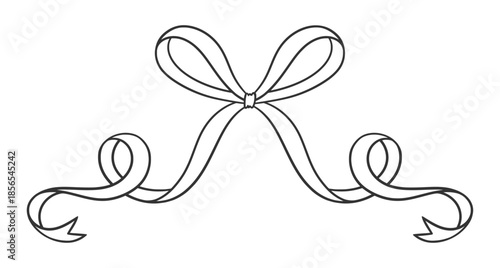 Coquette bow black, thin line drawing. Hand drawn simple illustration of whimsical tied ribbon. Wedding, birthday gift sketch in retro style. Cute girly vector illustration. Doodle lace.