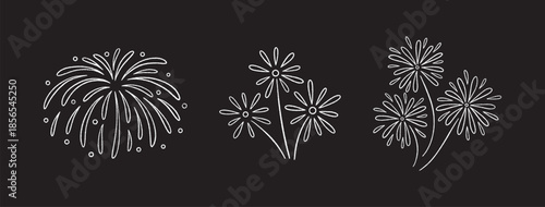 Firework doodles and festive hand drawn firecrackers set. Minimal line sketch style celebration icons with stars, sparkles, magical bursts. For party and holiday design. Vector illustration, black bg