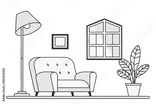 A comfortable armchair, vibrant houseplant, and geometric window define this minimal flat vector illustration of a cozy living room, perfect for showcasing home comfort and modern interior design.