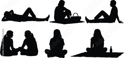 Outdoor leisure silhouette set with six relaxed poses for park, picnic, and social interaction themes.