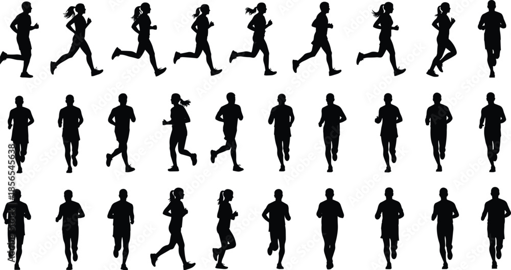 Φωτογραφία Running silhouette set with diverse jogging postures and gender-inclusive figures for sports, motion study, and fitness themes