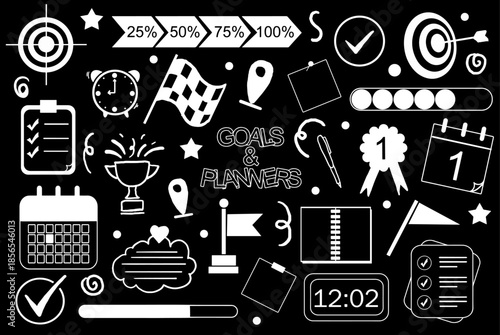Hand-drawn goals and planners doodle illustration featuring black and white line art elements. Minimalist sketch style perfect for productivity concepts, goal setting, habit tracking, and planning