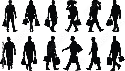 Shopping silhouette set with twelve walking poses and varied bag-carrying gestures for retail, lifestyle, and urban themes.