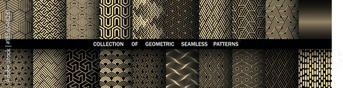 Geometric set of seamless black and golden patterns. Simple vector graphics