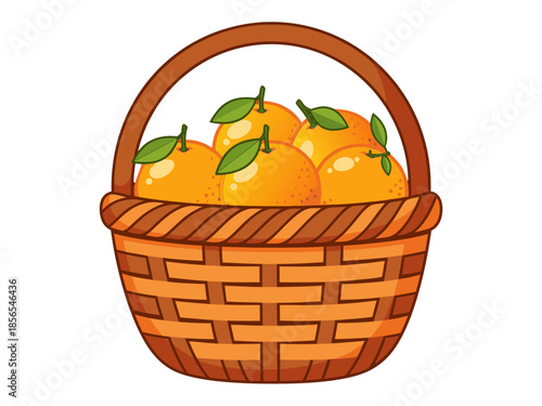 Vector illustration of a wicker basket full of oranges with green leaves, viewed from above