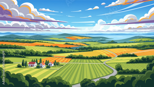 Vector illustration of a serene landscape with rolling hills and fields under a blue sky, d.eps reference