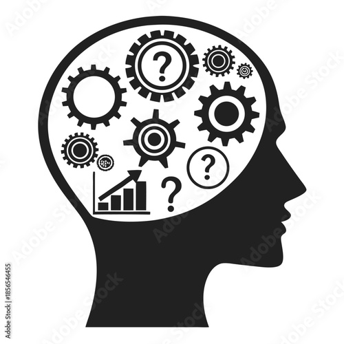 Human head silhouette with gears and question marks