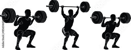 Weightlifting silhouette set with three barbell poses for fitness, strength training, and exercise technique themes.
