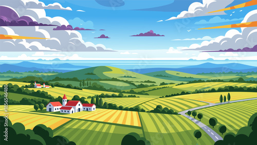 Serene landscape vector illustration of a farmhouse surrounded by lush fields and trees under a cloudy sky