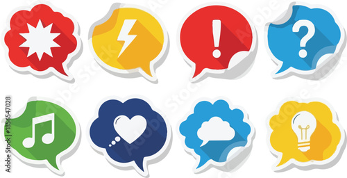 Colorful Speech Bubbles with Various Icons Communication, Ideas, and Thoughts