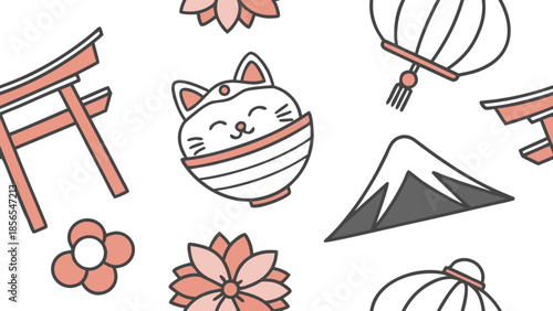 Seamless Pattern of Japanese Symbols on White Background