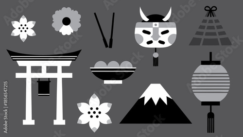 Collection of Japanese Cultural Elements in Flat Monochrome Style