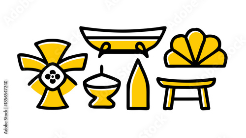 Japanese Culture and Tradition Minimalist Icon Set in Yellow and Black