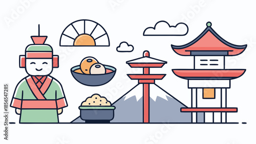 Japanese Culture Illustration with Emperor Character and Pagoda
