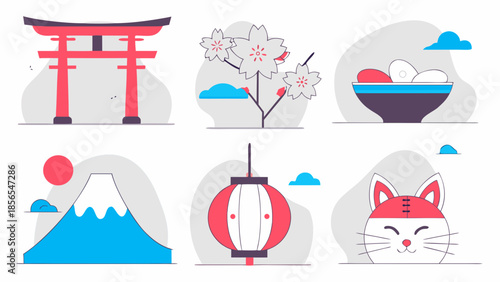 Japanese Landmarks and Symbols Flat Illustration Set with Mount Fuji and Torii Gate
