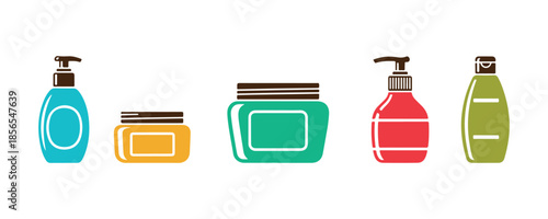 Collection of solid icons representing hand cream bottles. A beauty vector on a white canvas.