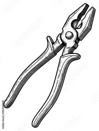 a drawing of a pliers on a , black, drawing, illustration, against transparent background