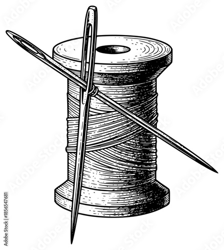 a drawing of a spool of yarn with a needle, black, drawing, illustration, needle, thread, yarn, against transparent background