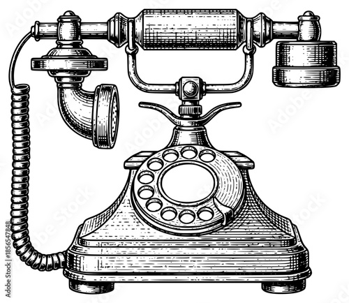 a black and white picture of an old fashioned telephone, antique, black, drawing, illustration, old, phone, picture, telephone, against transparent background
