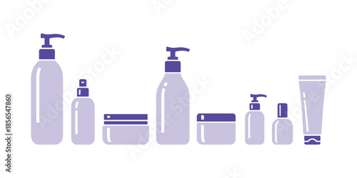 Set of solid icons depicting hand cream bottles. A beauty vector design on a white surface.