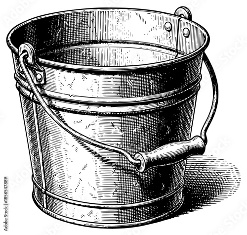 a black and white drawing of a bucket of water, black, bucket, drawing, engraving, illustration, old, water, against transparent background