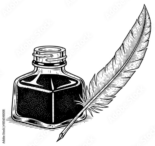 a black and white drawing of a feather and a bottle of ink, black, bottle, drawing, feather, illustration, ink, pen, against transparent background