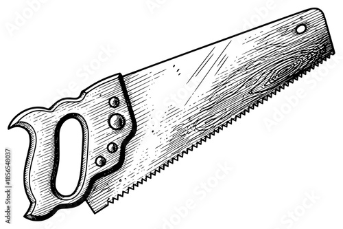 a drawing of a saw used to cut wood, drawing, engraving, illustration, saw, wood, against transparent background