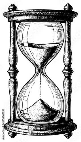 a drawing of an hourglass with sand coming out of it, black, drawing, engraving, illustration, sand, against transparent background
