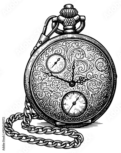 an old pocket watch with a chain, vintage engraving, black and white drawing, antique, black, chain, drawing, engraving, illustration, old, picture, pocket watch, watch, against transparent background