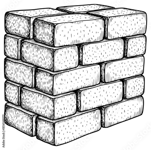 a black and white illustration of a stack of bricks, black, brick, brick wall, cube, illustration, pyramid, stack, against transparent background
